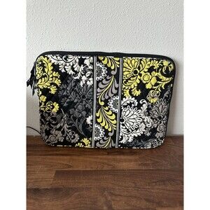 Vera Bradley Black Gray Yellow Baroque Quilted Printed Laptop Bag Zippers